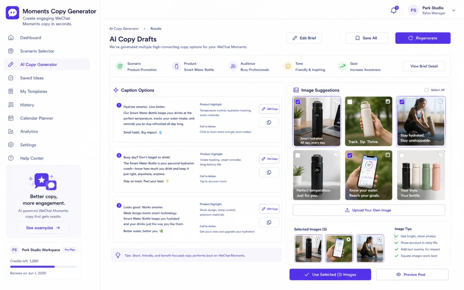 Moments Copy Generator interface for consistent enrollment posts for course consultants