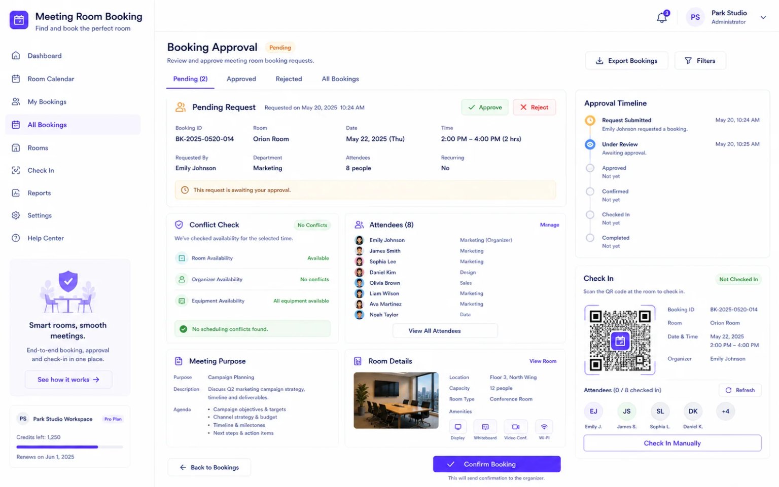 Meeting Room Booking interface for room booking for campuses and training organizations