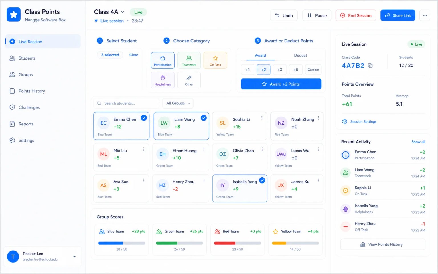 Class Points interface for group points for participation in training classes