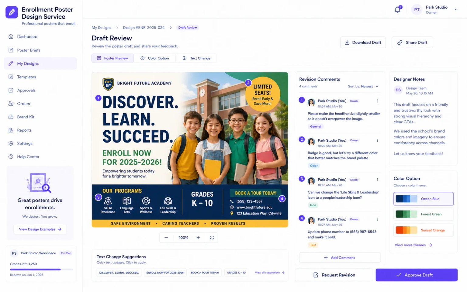 Enrollment Poster Design Service interface for promotional posters for local businesses