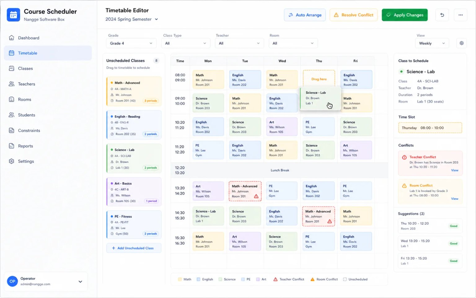 Course Scheduler interface for building timetables for multiple school classes