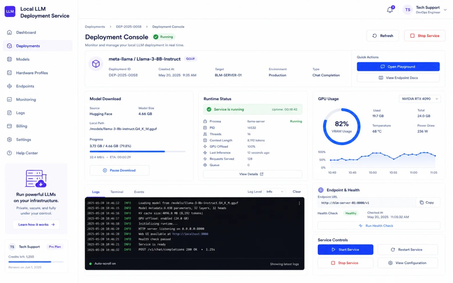 Local LLM Deployment Service interface for running an LLM on a small team's internal server
